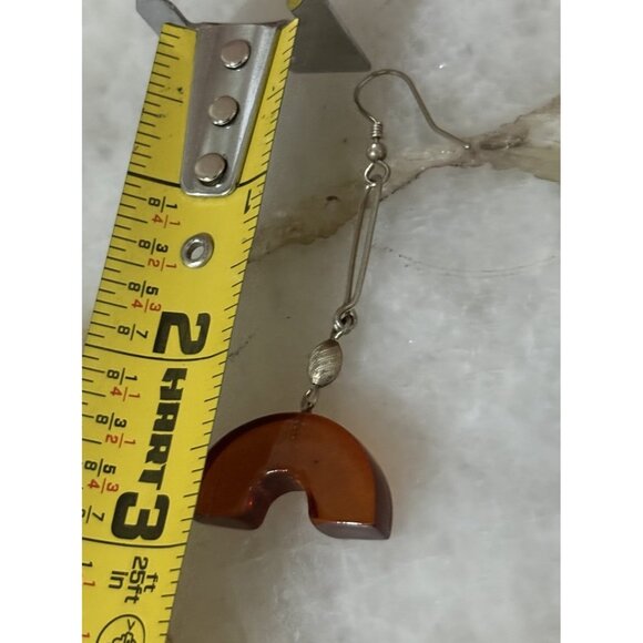 Amber Tone Resin Geometric Dangle Earrings Silver Tone Retro Lucite Boho - Picture 3 of 3
